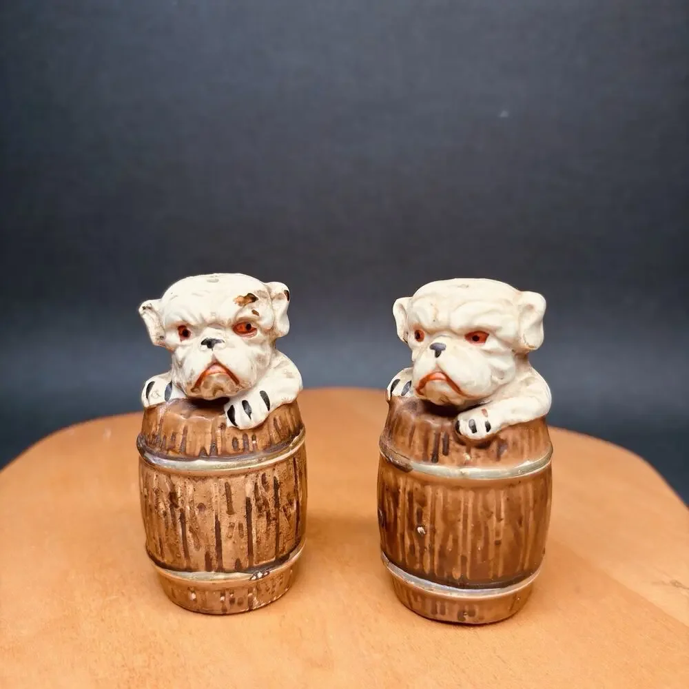 Vintage Japan Bulldog Puppy in Barrel Salt & Pepper Shakers Ceramic Dog Pair